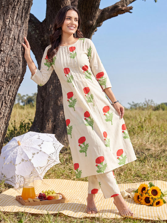 Indo Era Off White Printed A-Line Kurta Trousers Set