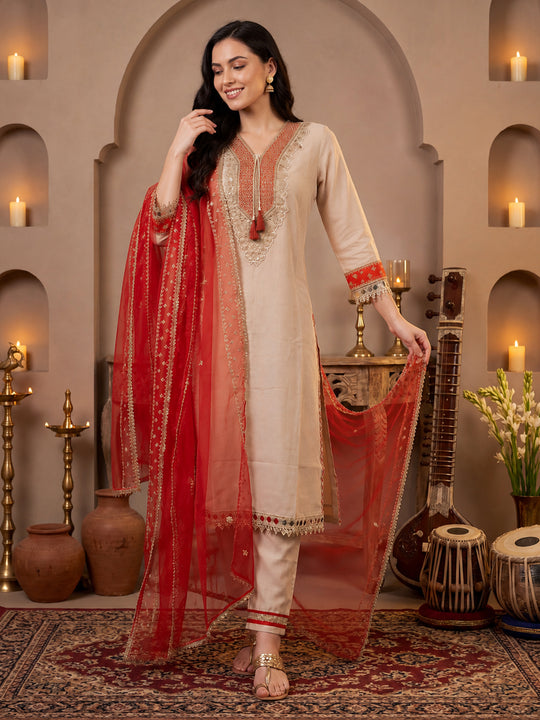 Indo Era Cream Embroidered Straight Kurta Trousers With Dupatta Set