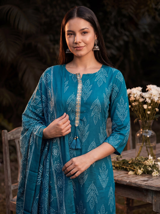 Indo Era Blue Printed Straight Kurta Trousers With Dupatta Set