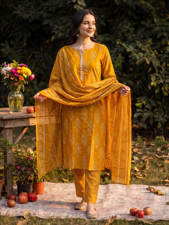 Indo Era Mustard Printed Straight Kurta Trousers With Dupatta Set