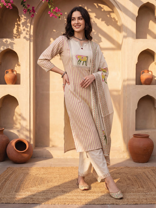Indo Era Beige Printed Straight Kurta Trousers With Dupatta Set
