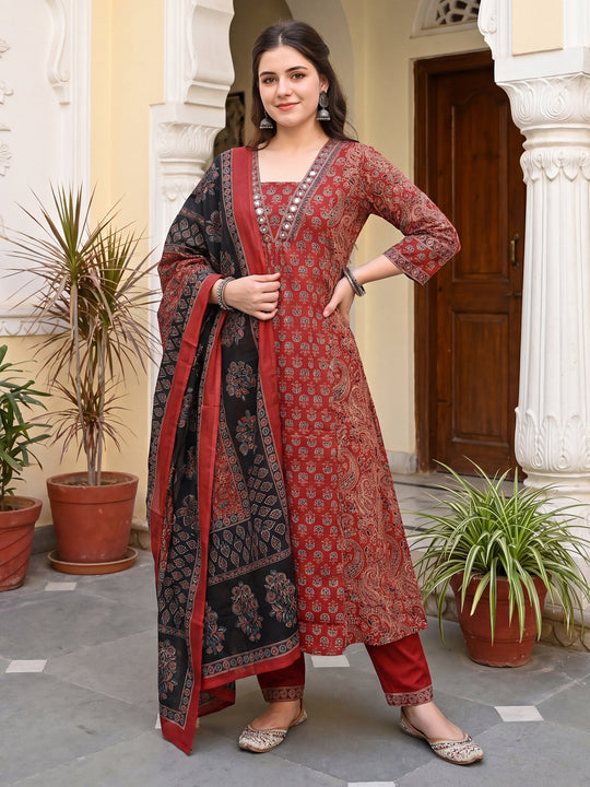 Indo Era Maroon Printed A-Line Kurta Trousers With Dupatta Set