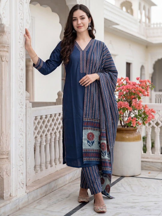 Indo Era Blue Printed Straight Kurta Trousers With Dupatta Set