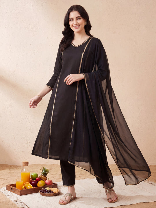 Indo Era Black Embroidered A-Line Kurta Trousers With Dupatta Set