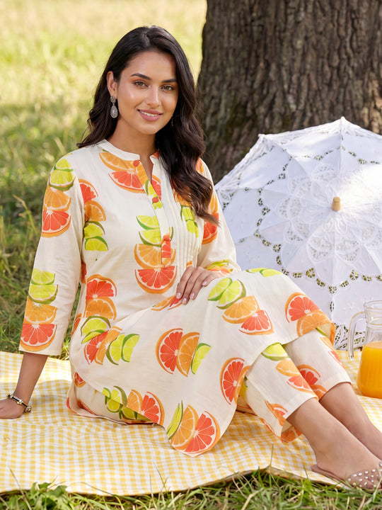 Indo Era White Printed Straight Kurta Trousers Set