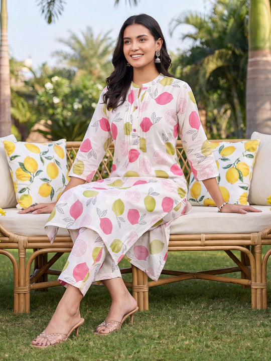 Indo Era White Printed Straight Kurta Trousers Set