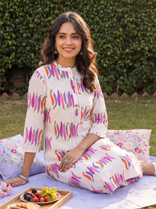 Indo Era White Printed Straight Kurta Trousers Set