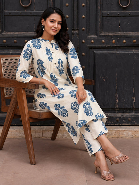 Indo Era White Printed Straight Kurta Trousers Set