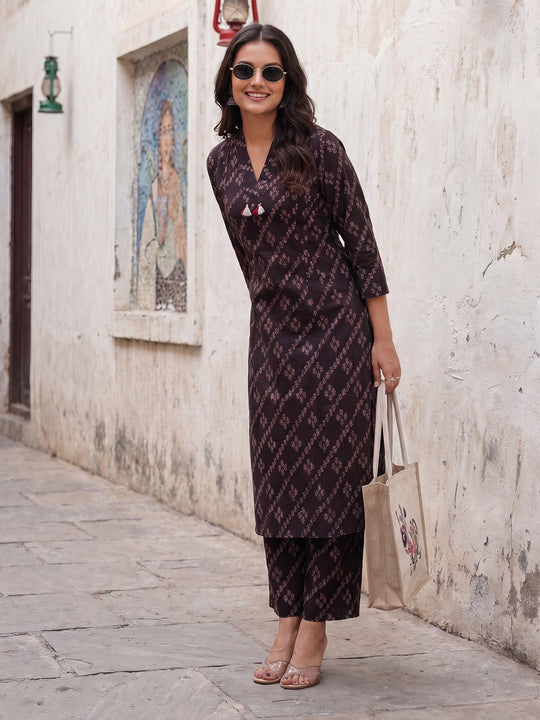 Indo Era Black Printed Straight Kurta Trousers Set