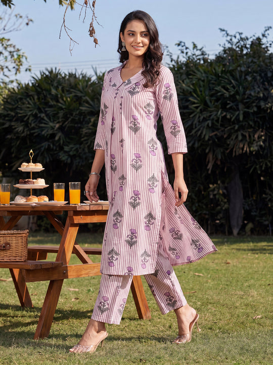 Indo Era Pink Printed A-Line Kurta Trousers Set