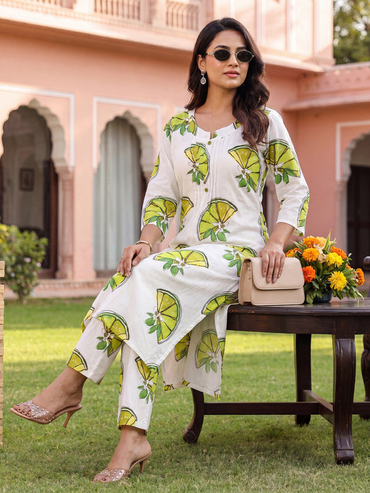 Indo Era White Printed Straight Kurta Trousers Set