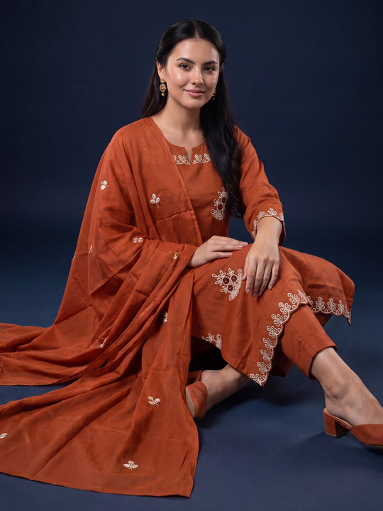 Indo Era Orange Embroidered Straight Kurta Trousers With Dupatta Set