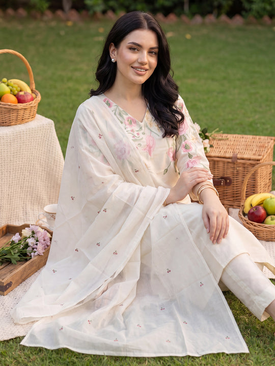 Indo Era White Embroidered Straight Kurta Trousers With Dupatta Set