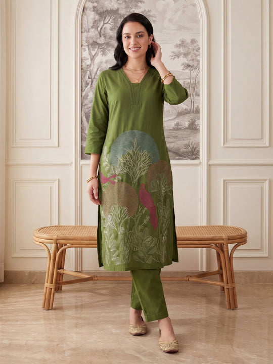 Indo Era Green Embroidered Straight Kurta Trousers Set
