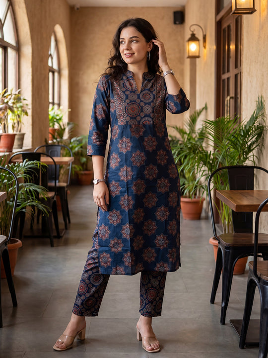 Indo Era Blue Printed Straight Kurta Trousers Set