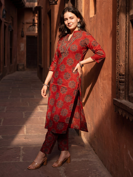 Indo Era Red Printed Straight Kurta Trousers Set