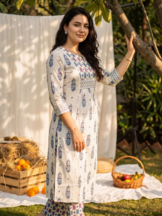 Indo Era White Printed Straight Kurta Trousers Set
