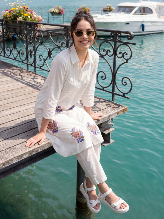 Indo Era White Printed A-Line Kurta Trousers Set