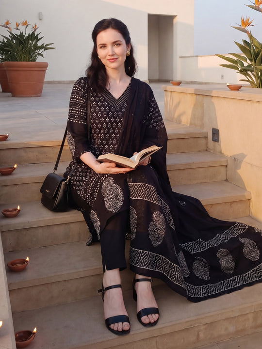 Indo Era Black Printed Straight Kurta Trousers With Dupatta Set