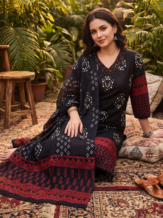 Indo Era Black Printed Straight Kurta Trousers With Dupatta Set