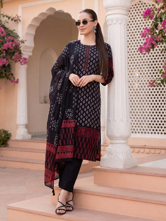 Indo Era Black Printed Straight Kurta Trousers With Dupatta Set