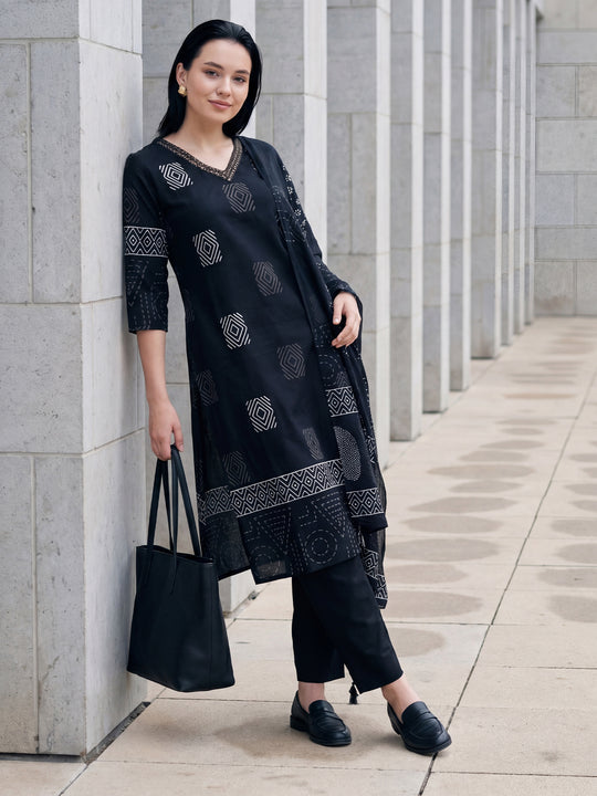 Indo Era Black Printed Straight Kurta Trousers With Dupatta Set