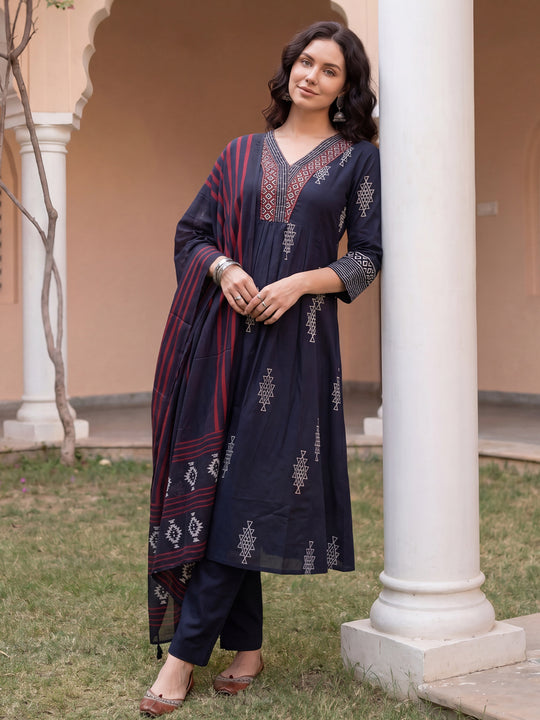 Indo Era Black Printed Straight Kurta Trousers With Dupatta Set