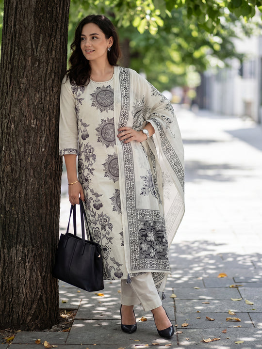 Indo Era Off White Printed Straight Kurta Trousers With Dupatta Set