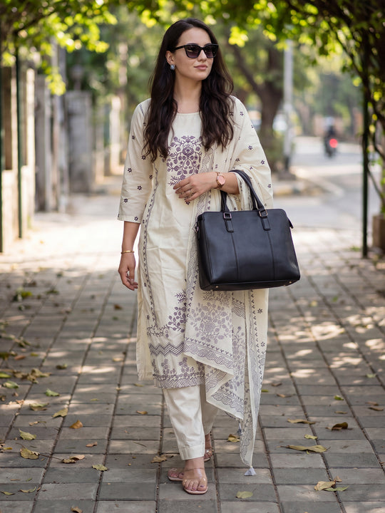 Indo Era Off White Printed Straight Kurta Trousers With Dupatta Set