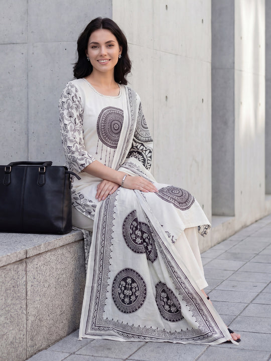 Indo Era Off White Printed Straight Kurta Trousers With Dupatta Set