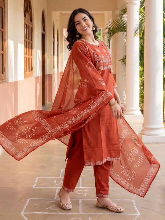 Indo Era Rust Printed Straight Kurta Trousers With Dupatta Set