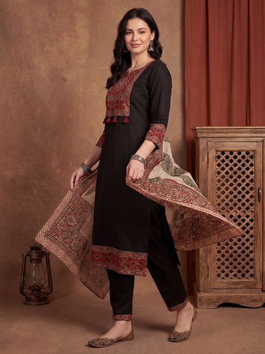 Indo Era Black Printed Straight Kurta Trousers With Dupatta Set