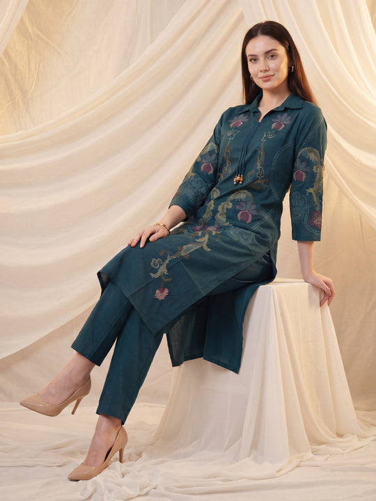 Indo Era Teal Embroidered Straight Kurta Palazzos Set