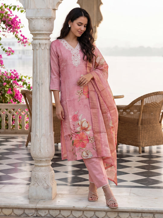 Indo Era Pink Embroidered Straight Kurta Trousers With Dupatta Set