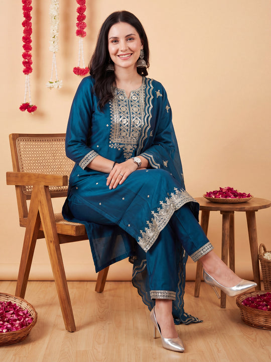 Indo Era Teal Embroidered Straight Kurta Trousers With Dupatta Set