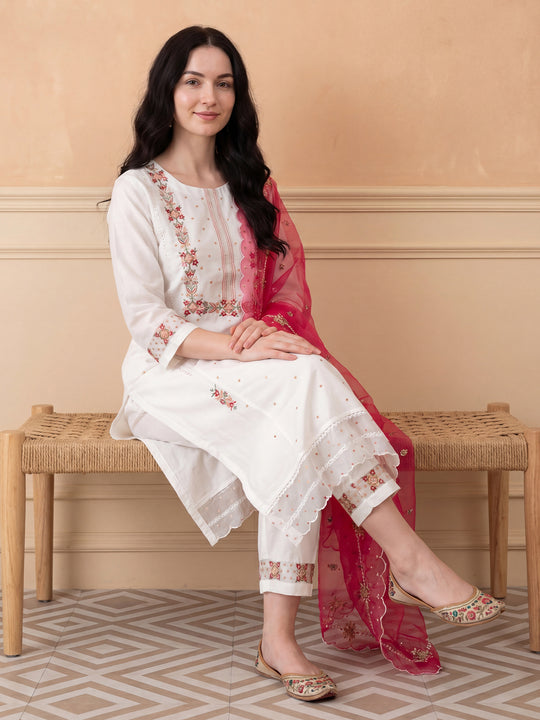 Indo Era White Embroidered Straight Kurta Trousers With Dupatta Set