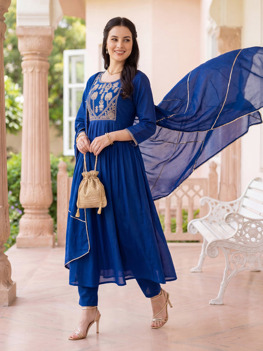 Indo Era Blue Embroidered A-Line Kurta Trousers With Dupatta Set