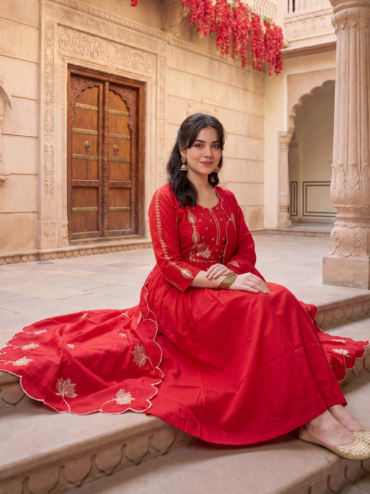 Indo Era Red Embroidered A-Line Kurta Trousers With Dupatta Set