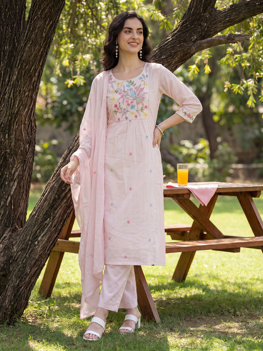 Indo Era Pink Embroidered A-Line Kurta Trousers With Dupatta Set