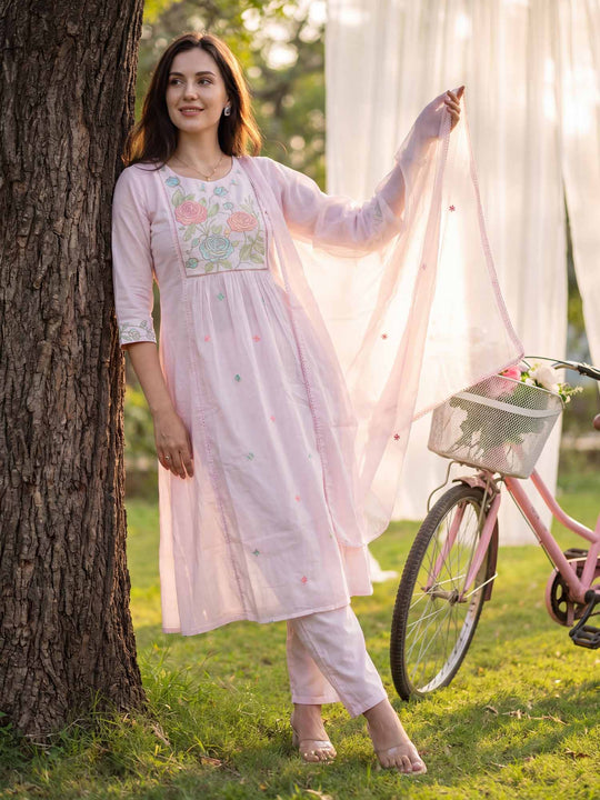 Indo Era Pink Embroidered A-Line Kurta Trousers With Dupatta Set