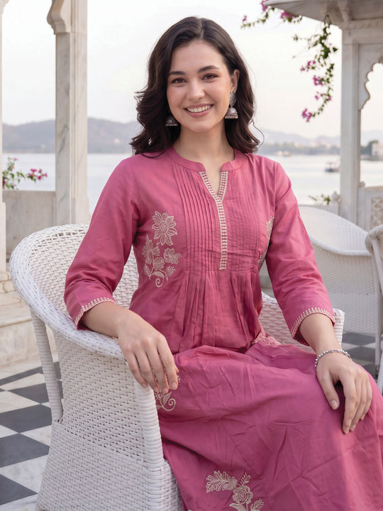 Indo Era Pink Embroidered A-Line Kurta TrousersSet
