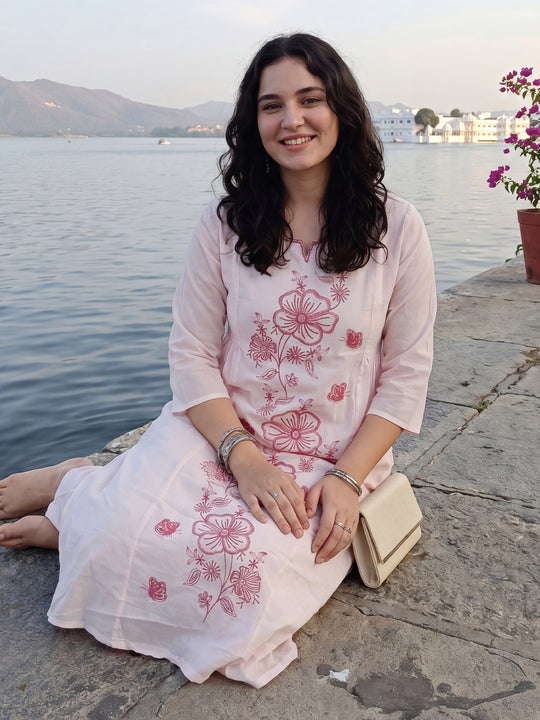 Indo Era Pink Embroidered A-Line Kurta TrousersSet