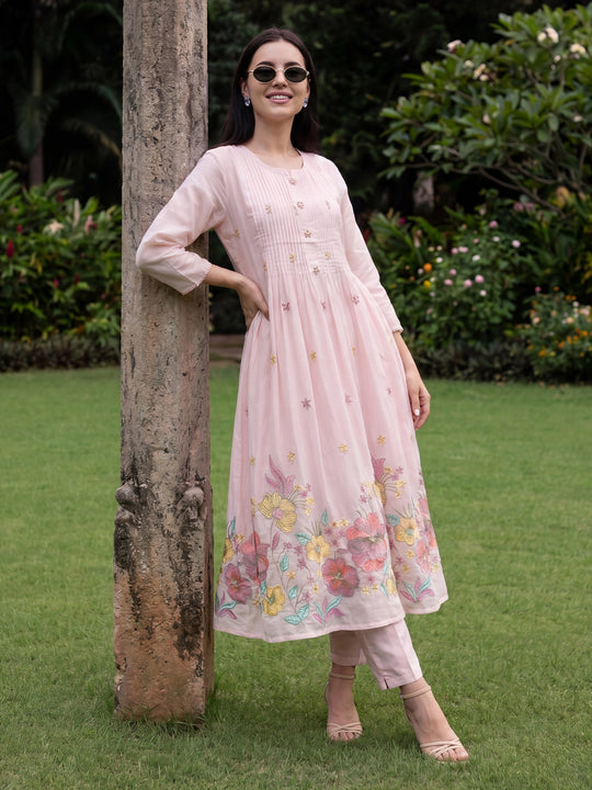 Indo Era Pink Embroidered A-Line Kurta TrousersSet