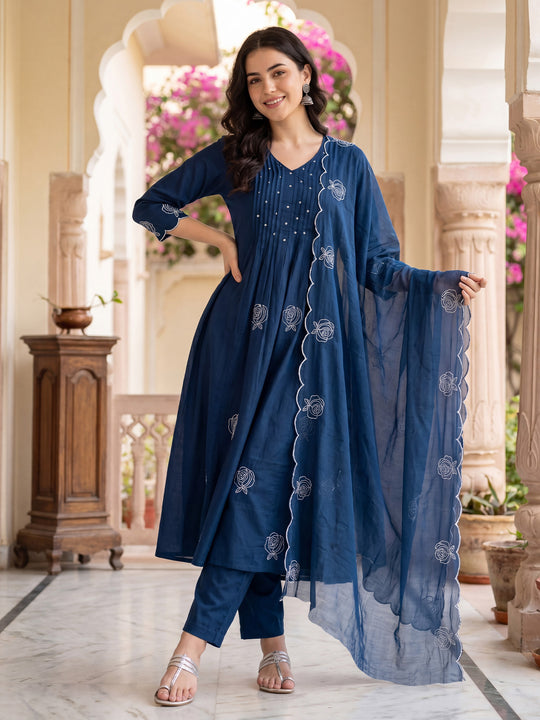 Indo Era Navy Blue Embroidered A-Line Kurta Trousers With Dupatta Set