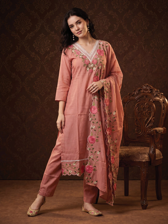Indo Era Peach Embroidered Straight Kurta Trousers With Dupatta Set