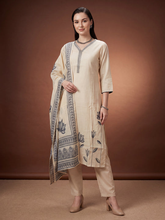 Indo Era Cream Printed Straight Kurta Trousers With Dupatta Set