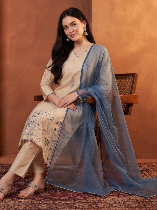Indo Era Cream Embroidered Straight Kurta Trousers With Dupatta Set