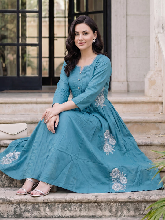 Indo Era Blue Embroidered A-Line Kurta TrousersSet