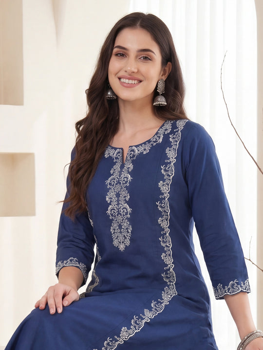 Indo Era Blue Embroidered Straight Kurta TrousersSet