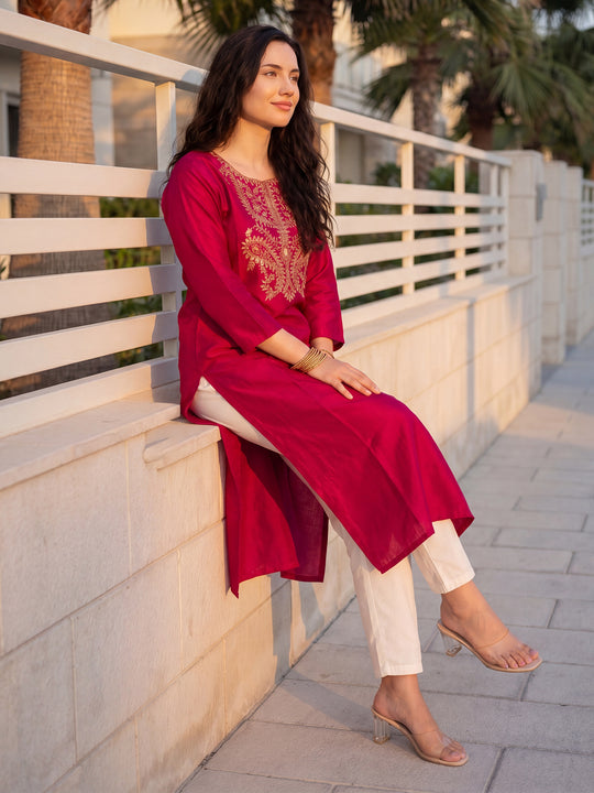 Indo Era Pink Embroidered Straight Kurtas